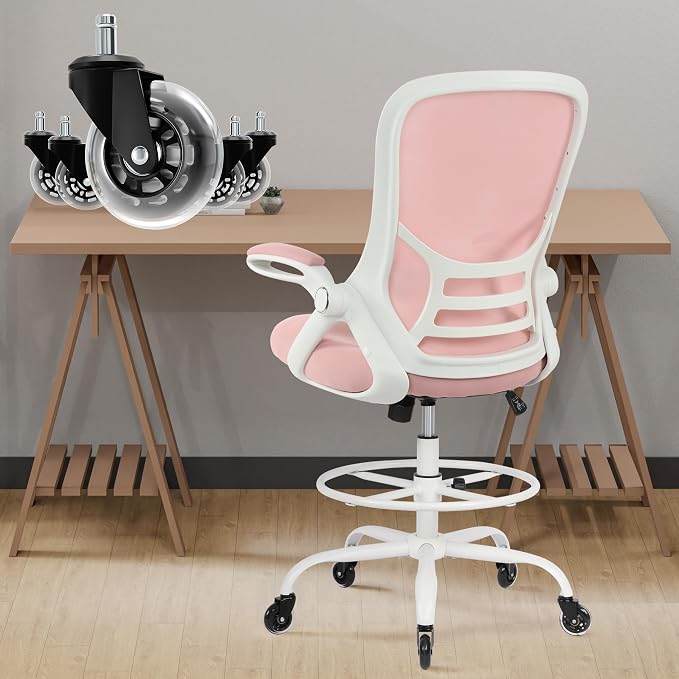 Drafting Chair Tall Office, Ergonomic Standing Desk Stool Adjustable Big and Tall Drafting Office Chair with Flip-Up Armrests, Mesh, Pink by HYLONE