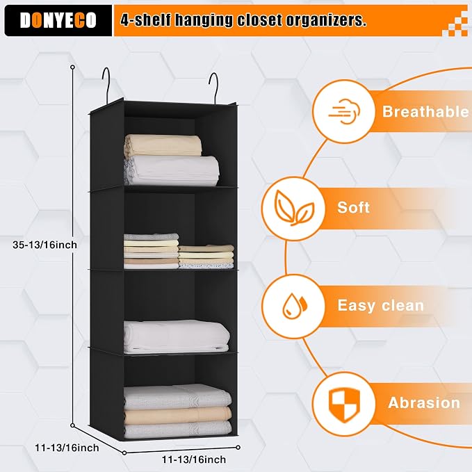 Hanging Closet Organizer 4-Shelf, Oxford Fabric Wardrobe Storage, Black | Easy-mount foldable design holds clothes, handbags, shoes & accessories; washable Oxford fabric, sturdy and space-saving. - Image 3