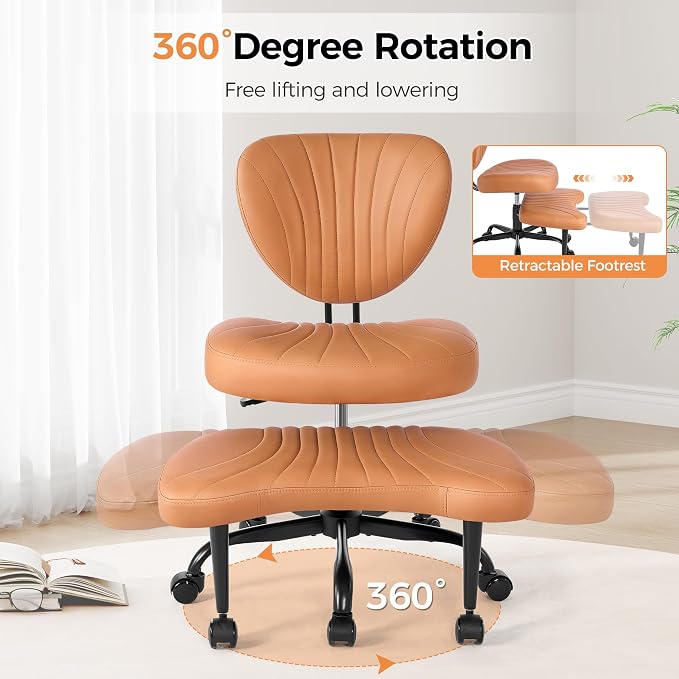 Cross Legged Office Chair,Ergonomic Criss Cross Chair with Wheels BPY01Z | 360° Swivel Height-Adjustable Meditation Chair for Yoga & ADHD, Wide Kneeling Chair with Strong Lumbar Support (Brown) - Image 6