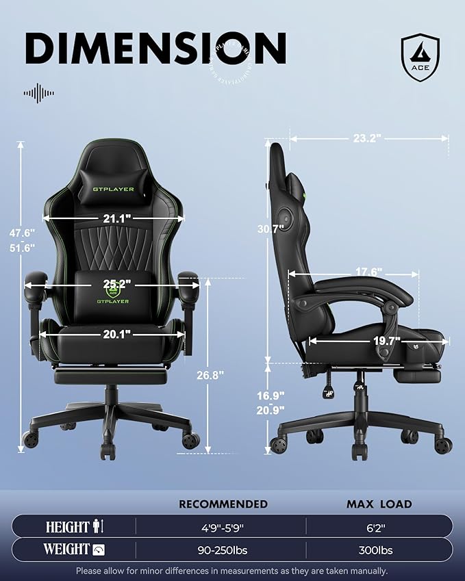 GTPLAYER Gaming Chair with Speakers, Video Game Chairs with Footrest, PC Gamer Chairs for Adults - Padded High Back Ergonomic Reclining Silla Gamer, Linkage Armrest, Ace Pro, Green - Image 3