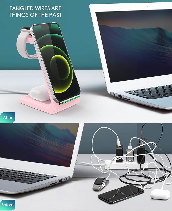 3 in 1 Wireless Charging Station, 2026 Upgraded Fast Desk Charger Station for iPhone 17 16 15 14 13 12 Pro Max Plus, Charger Stand for Apple Watch 10 9 8 7 6 5 4 3 2 SE, Airpods 4 3 2 Pro(Pink) - Image 6