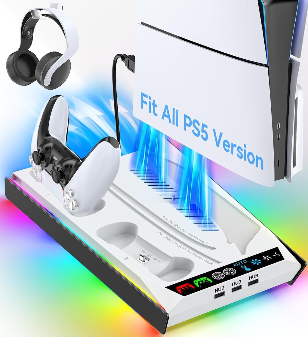 Rysker PS-5/Slim/Pro Stand for Disc & Digital Version, PS-5 Cooling Station with RGB Ambient Lighting, Controller Charger Built-in 3 Level Fan, PS-5 Cooling Stand for PlayStation 5 Case by Rysker