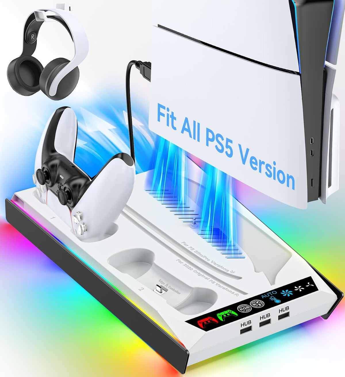 Rysker PS-5/Slim/Pro Stand for Disc & Digital Version, PS-5 Cooling Station with RGB Ambient Lighting, Controller Charger Built-in 3 Level Fan, PS-5 Cooling Stand for PlayStation 5 Case by Rysker