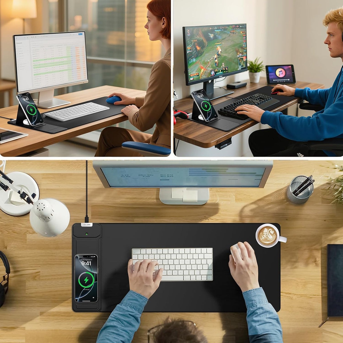 Mouse Pad with Wireless Charging & Foldable Phone Holder, 27.5"x11.8" Black - Image 6