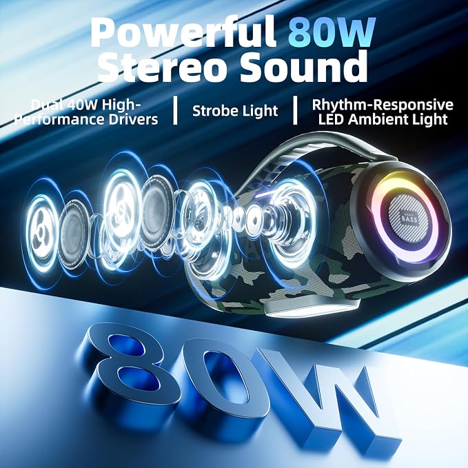 HEAVY BASS Speakers Bluetooth Wireless, 80W Max Loud Portable Speaker with Deep Bass, 20H Playtime, IPX6 Waterproof, Dual Pairing, Perfect for Home,Party,Travel,Outdoors - Image 3