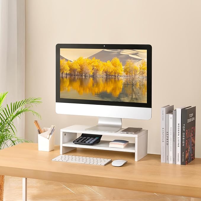 BEYGORMMonitor Stand Riser, White, 16.5 inch, 2 Tiers Wood Desk Shelf | Computer Screen Stand with Storage, For Desktop Laptop/Screen/TV/PC/Printer 16.5"L x 7.8"W x 5.2"H - Image 7
