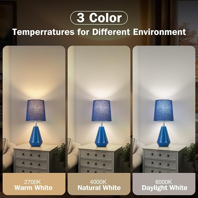 Small Bedside Table Lamp for Bedroom-Reading Desk Lamp Set of 2,with 3 Color Temperatures,15.5" Nightstand Ceramic Lamp with Fabric Shade for Kids Room,Living Room,Dorm,Home Office(Blue) - Image 2