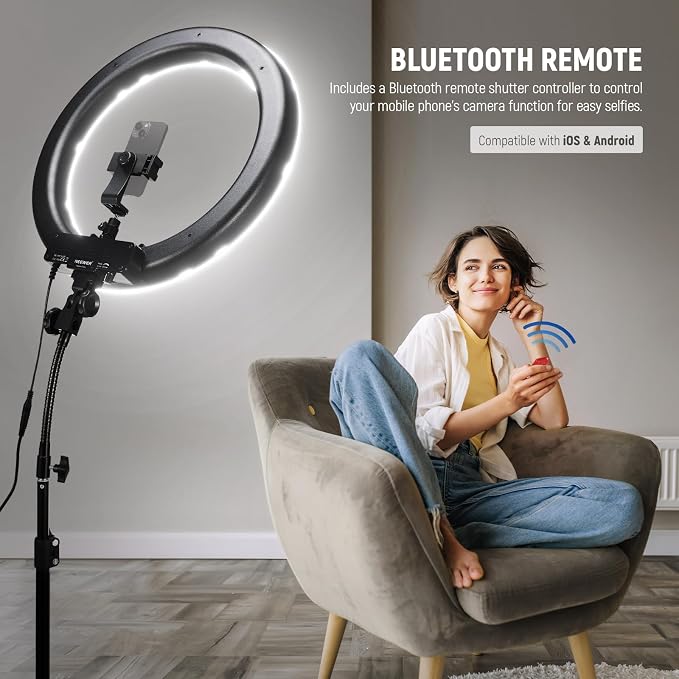NEEWER Ring Light 18inch Kit: 55W 5600K Professional LED with Stand and Phone Holder, Soft Tube & Bag for Tattoo Lash Extension Barber Makeup Artist Studio Video Photography Lighting, RL-18 - Image 6