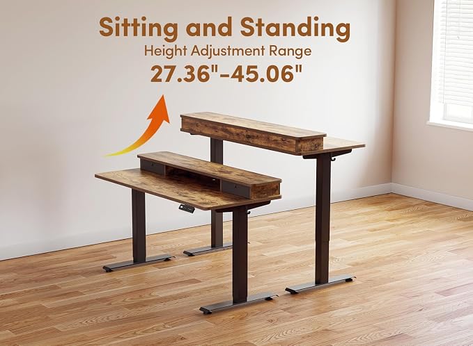 BANTI 63x28 Inch Electric Standing Desk with Dual Drawers, Stand Up Table with Storage, Adjustable Height, Deeper Wider Desktop, Black Frame/Rustic Brown Top - Image 8