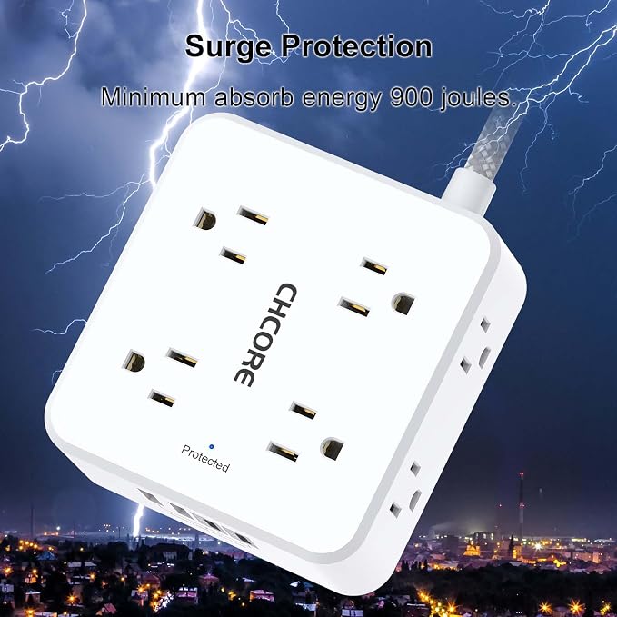 Surge Protector Power Strip - CHCORE 6Ft Braided Extension Cord with 8 Outlets with 4 USB (2 USB C) Charging Ports, Flat Plug Multi Plug Outlet Extender Charging Station for Home Office, ETL, White - Image 6