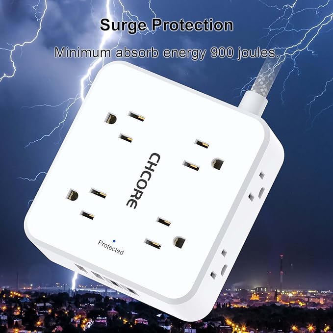 Surge Protector Power Strip - CHCORE 10 Ft Braided Extension Cord with 8 Outlets with 4 USB (2 USB C) Charging Ports, Flat Plug Multi Plug Outlet Extender Charging Station for Home Office, ETL, White - Image 6