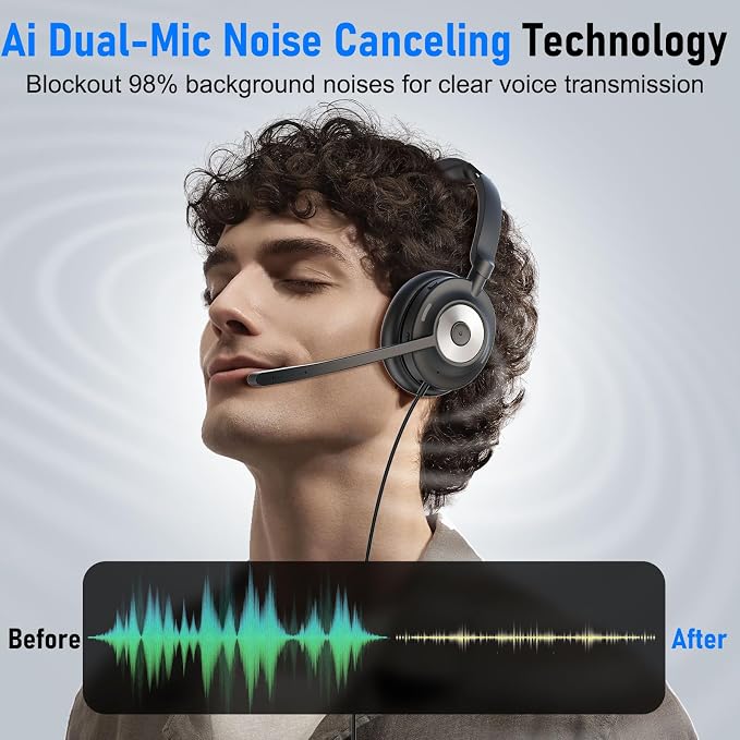 USB Headset with Microphone for PC, Active Noise Cancelling Headphones with ENC Noise Cancelling Mic, Wired Office Computer Headset with Mute for Call Center, Teams, Zoom - Image 3