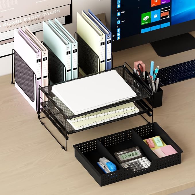 LEKETREE Desk Organizer, Office Organization with Vertical File Holder, File Organizer with Drawer and Pen Holder, Desk Accessories and Workspace Organizers for Home Office (Black) - Image 3