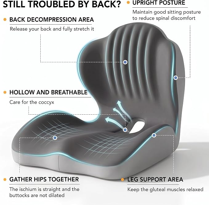 Ergonomic Seat Cushion with Lumbar Support (Grey) | Office Chair Seat Cushion, Memory Foam Orthopedic Cushion with Tailbone Hollow, Sciatica & Back Pain Relief for Long Sitting - Image 6