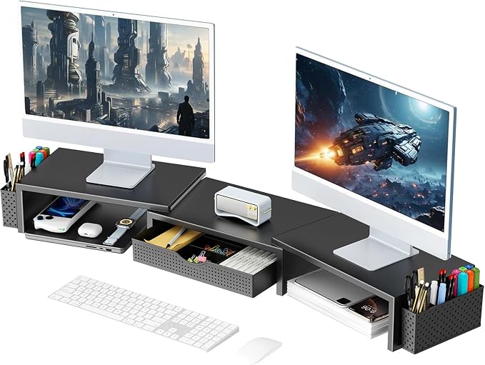 gianotter Dual Monitor Stand Riser With Drawer and 2 Pen Holders | Desk Organizer and Accessories Computer Monitor Stand, Desk Shelf for Top of Desk (Black) by gianotter