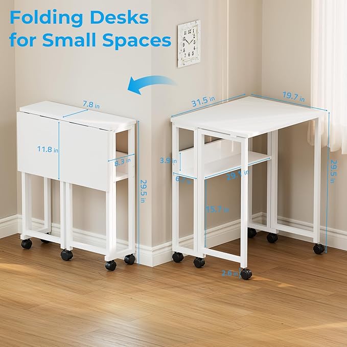 GreenForest Folding Desk with Wheels, 31.5" Rolling Table for Small Spaces | Storage Shelf, Lockable Casters, Compact Portable Workstation, Space-Saving Foldable Sofa Table, Home Office, Mobile, White - Image 3