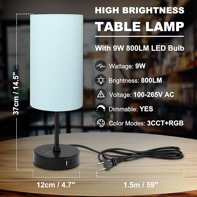 Table Lamp for Bedroom, 3 Color Temperatures, 7 RGB Colors, Adjustable Brightness, Dual USB Charging Ports, Ambience Nightstand Light with Blue Shade, Desk Lamp for Kids Reading Home Office - Image 7