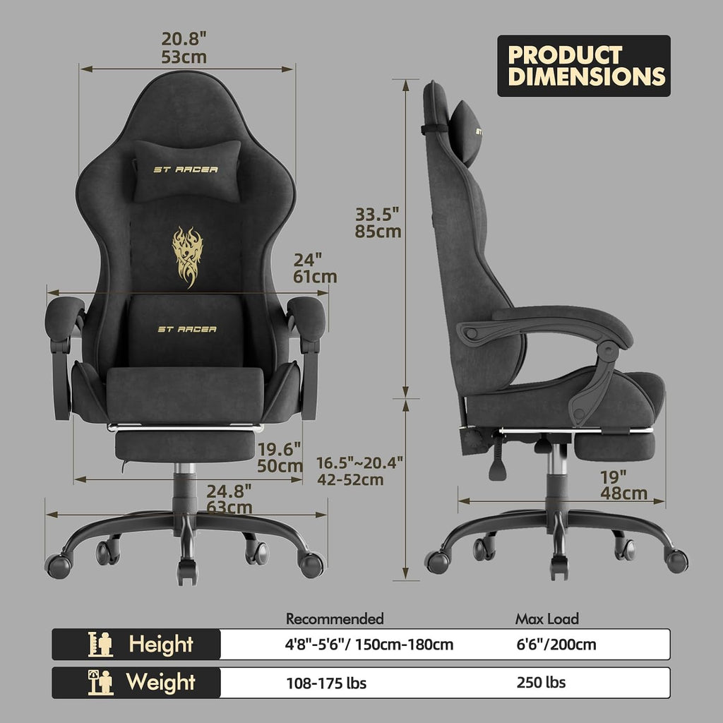 Velvet Fabric Gaming Chair, High Back Ergonomic Gamer Chair for Adult, Comfortable Video Game Chair with Footrest and Massage Lumbar Cushion, Racing Reclining Office Computer Desk Chair Black - Image 3