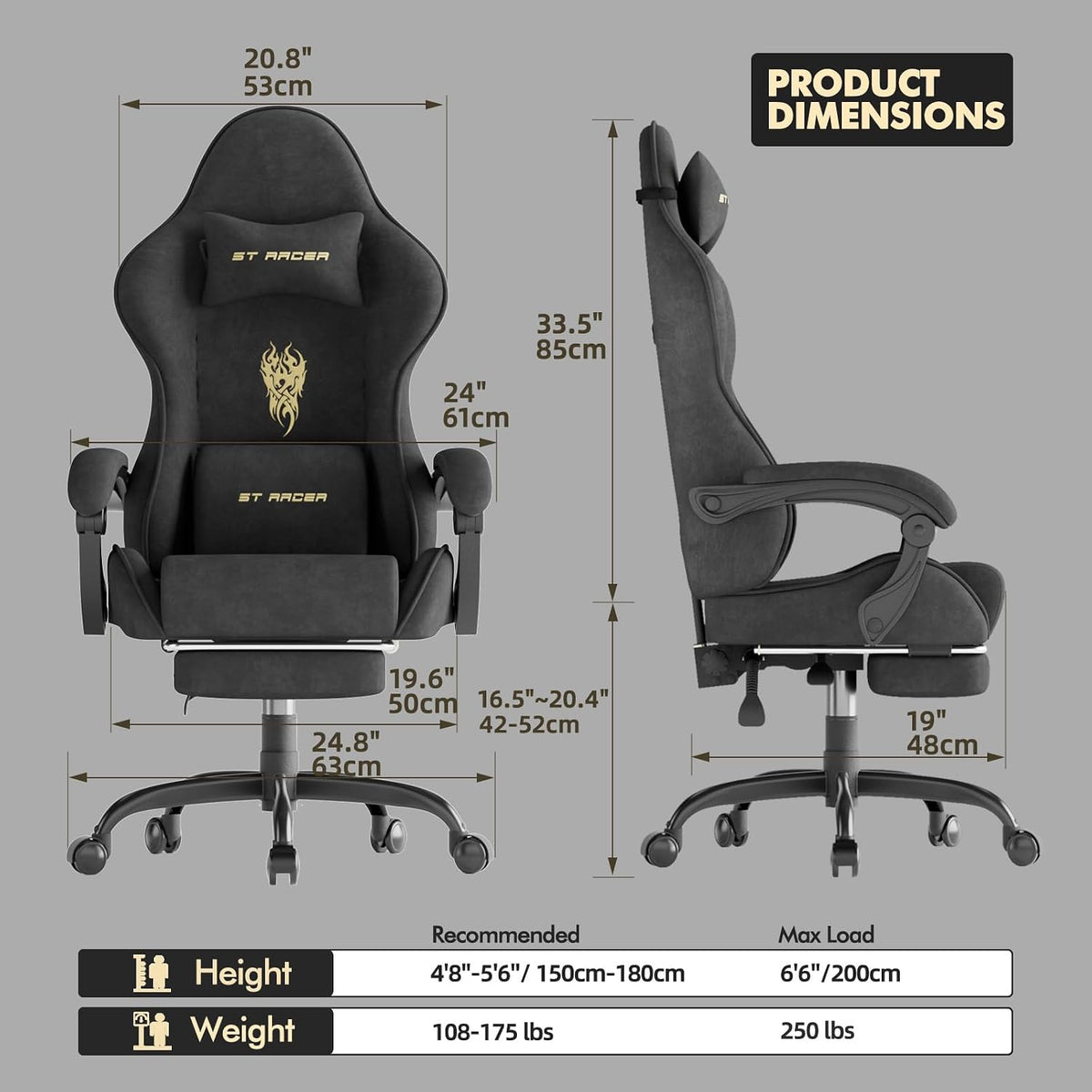 Velvet Fabric Gaming Chair, High Back Ergonomic Gamer Chair for Adult, Comfortable Video Game Chair with Footrest and Massage Lumbar Cushion, Racing Reclining Office Computer Desk Chair Black - Image 3