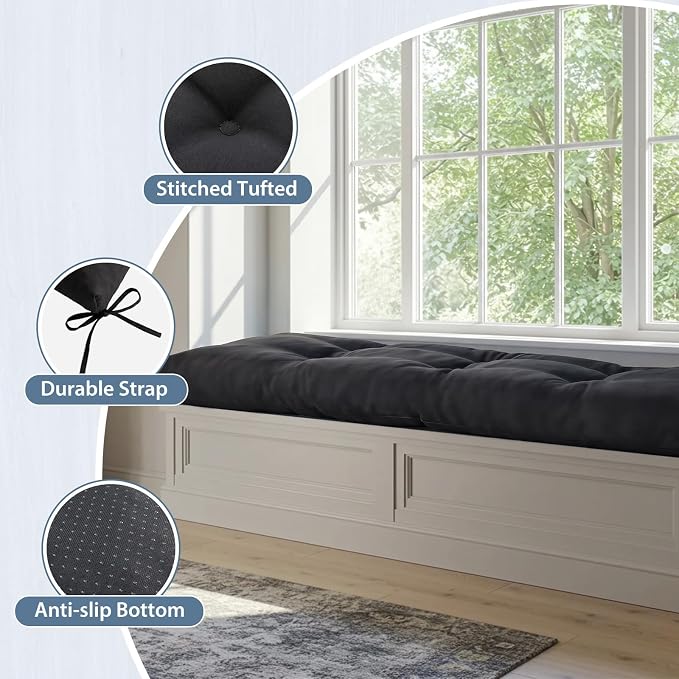 36 Inch Bench Cushions for Indoor Furniture | Super Soft Rectangle Bench seat Cushion Pad with Non-Slip Bottom, Waterproof Bench Pad for Window Porch(Black, 36x15x4.5In) - Image 3