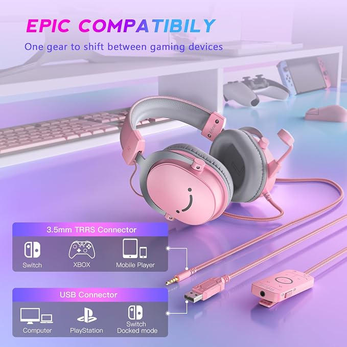 FIFINE USB Gaming Headset, PC Over-Ear Wired Streaming Headset with 3.5mm Jack, Detachable Microphone, 7.1 Surround Sound, Control Box, Passive Noise Cancellation, for PS5/Xbox/Switch-H9 Pink | Balanced Audio, 7.1 Surround Sound, Total 10ft Long Cable,... - Image 2