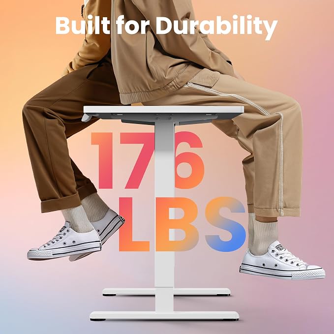 HUANUO 43x24 Inch Electric Standing Desk, Height Adjustable, White | 176 Lbs Capacity, Smooth Home Office Desk, 4 Memory Presets & Headphone Hooks, 28.3–46.5 Inch Height Range, Easy to assemble - Image 4