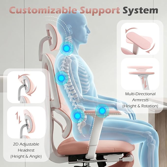 Ergonomic Office Chair with Footrest and Dynamic Lumbar Support, Pink | Reclining high-back computer chair, memory foam seat, 2D armrests, 2D headrest, mesh desk chair for home office, long hours - Image 6