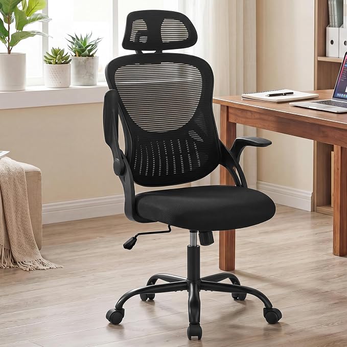 Ergonomic Desk Chair Comfy, Mesh Office Chair, for Home Office | Adjustable Headrests, Flip-up Arms, Breathable Mesh High-Back, Swivel Wheels, for Adults, Black by HAPPYMONTLLC