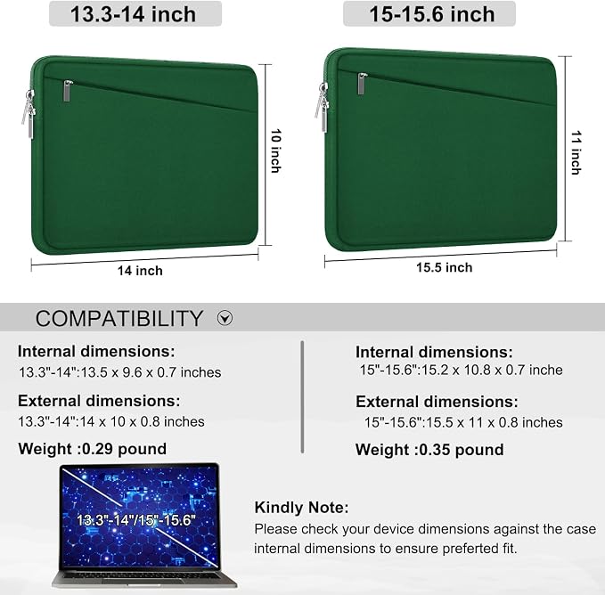 15.6 inch Laptop Sleeve, Durable Carrying Bag Protective Case Briefcase Handbag with Front Pocket, Slim Computer Cover for 15-16 Inch HP, Dell, Lenovo, Asus, Notebook, Dark Green - Image 5