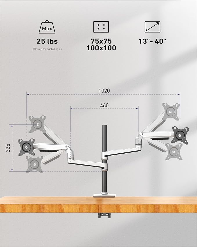Heavy Duty Quad Monitor Mount Desk Stand, Mechanical Spring 4 Monitor Arm Fits Four 13-40 Inch Screens up to 25 lbs Each, Fully Motion VESA Mount Base (C-Clamp/Grommet), Premium Aluminum, Silver - Image 8