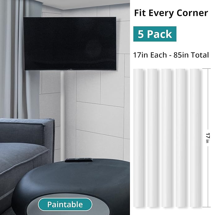ZhiYo 85in Corner Cable Hider for 3-5 Cords, Wall & Floor Cord Hider White | Self-Adhesive Cable Concealer, 5 Pack (17" Each), Quarter Round Cable Management Raceway for Baseboards & Ceiling Corners - Image 6