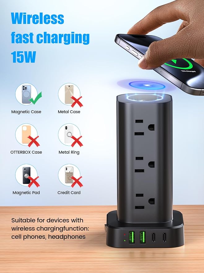 Tower Power Strip with 15W Wireless Charger, 6FT Flat Plug Extension Cord with Multiple Outlets, 12 AC Outlets, 4 USB Ports (2 USB C) Charging Station Surge Protector for Office Home Dorm Room (Black) - Image 2