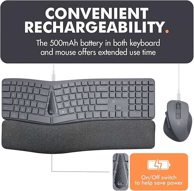 X9 Gray Ergonomic Keyboard and Mouse Wireless Combo - Split Keyboard and Mouse Set, Bluetooth/2.4G, Soft Wrist Rest, Rechargeable, Silent Keys, Multi-Device for Laptop, PC, Mac, iOS, Android - Image 5