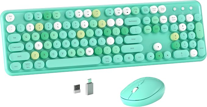 MPTOG Colorful Wireless Computer Keyboard and Mouse Combo (Green-Colorful) | Retro Round Typewriter Keycaps, Power Switch, Ergonomic Design, 2.4GHz Wireless for Windows, Mac, PC by MPTOG