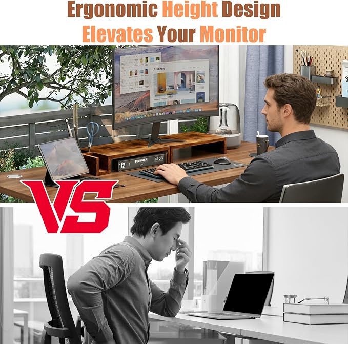 Wood Dual Monitor Stand Riser for Desk, 30" Long Monitor Riser with Pen Holders, Desktop Storage Organizer for 2 Monitors, Computer, Laptop, PC, Printer, TV, Rustic Brown (Dual) - Image 7
