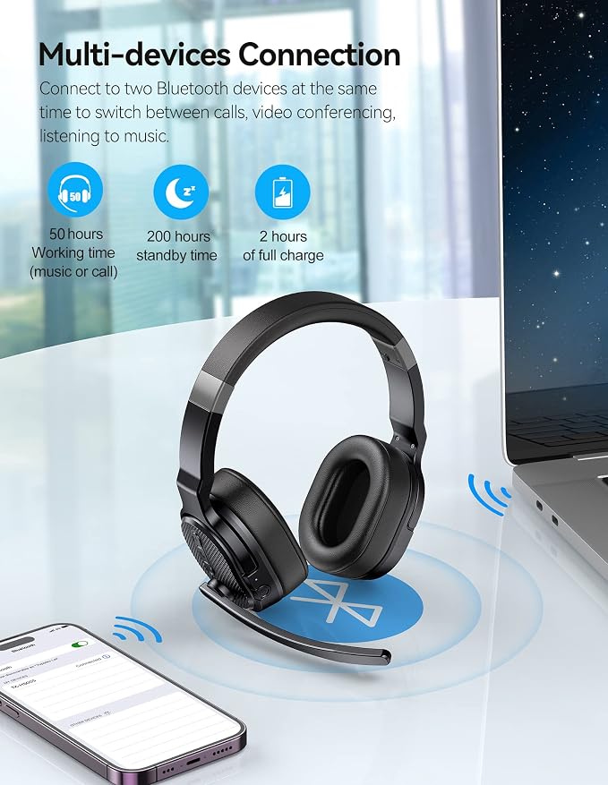 TECKNET Bluetooth Trucker Wireless Headset, Noise Cancelling Mic for Work | Single & Dual Ear, 50Hrs Battery, 3 EQ Music Modes, Clear Mic Wireless Headset for PC, Truck Drivers, Office & Call Center - Image 2