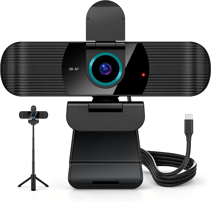 Pro QHD 2K/60fps Webcam with Tripod, External USB-C Camera for PC/Laptop | Dual noise-cancelling mics | Auto-focus | Wide-angle | Low-light correction | 360° rotation | CMOS sensor | Plug and Play by RUWBY