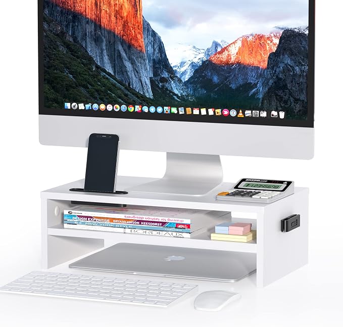 BONTEC Wooden Monitor Stand Riser for Desk, 2-Tier Computer Monitor Stand | 66 lbs Desk Shelf Organizer with Storage, Laptop & Printer Stand with Phone Holder and Cable Management, White, 16.5 Inch by BONTEC