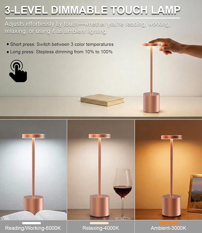 Cordless Table Lamps Rechargeable Set of 2, Portable LED Desk Lamp, 5000mAh Battery Powered Wireless Table Light - 3 Color Dimmable Lighting for Restaurant Dining Patio Outdoor Bedroom(Rose Gold) - Image 3