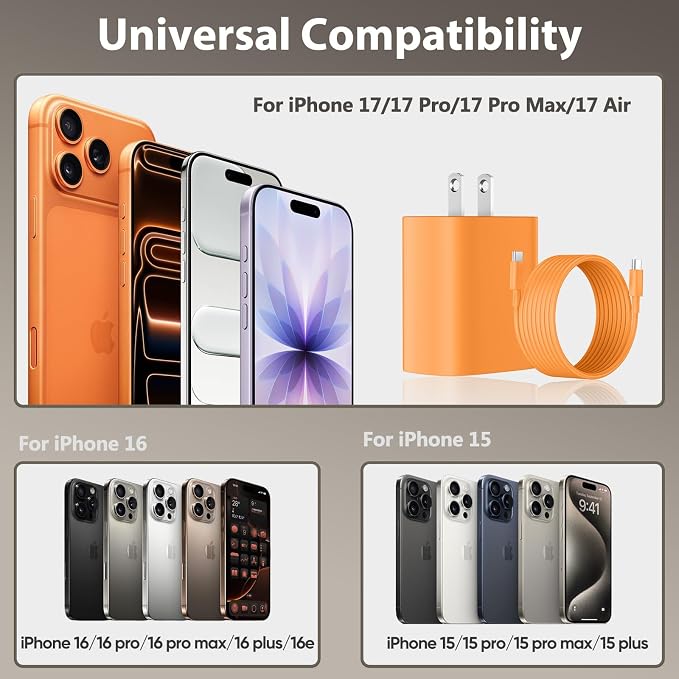 Phone 17 16 15 Charger Fast Charging, 10 FT Long USB C Charger Cord with 20W Type C Fast Phone Charging Block forPhone 17/17 Pro/17 Pro max/Air/Phone 16 15 Pro Max Plus, iPad, Android,Orange - Image 5