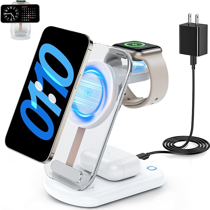 2026 Traveling Wireless Mag-Safe Fast Charging Station | Magnetic 3 in 1 Charger with Light for iPhone 17 16 15 14 13 12 Pro Max Plus,Apple Watch& Air pods 4 3 2 Pro(White) by RYND