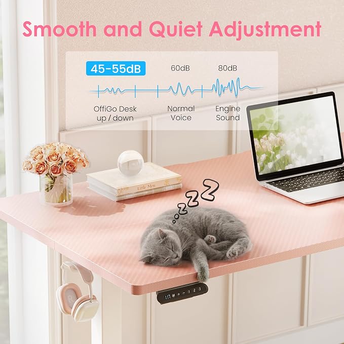 40" Pink Electric Standing Desk Height Adjustable for Home Office | 3 Memory Presets, Rear Cable Notch, Dual Side Hooks, Stand Up Desk for Bedroom, Study room, Home Office and Vanity Space - Image 6