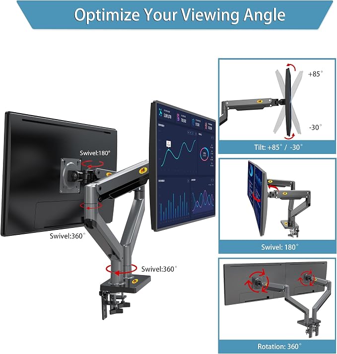 NB North Bayou Dual Monitor Arm Ultra Wide Full Motion Swivel Monitor Mount for 22''-32'' Monitors Load Capacity from 4.4 to 26.4lbs for Each Arm Height Adjustable Monitor Stand G35 - Image 5