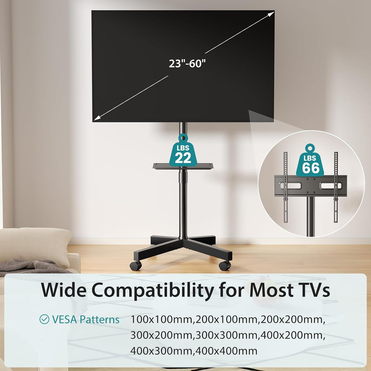 OLIXIS Rolling TV Stand with Wheels, Portable TV Cart for 23-60 Inch Screen - Image 5