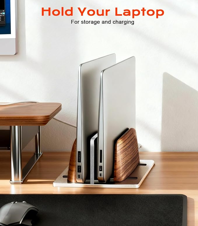 JCZT Vertical Laptop Stand, Walnut Dual Laptop Holder, Silver | with Adjustable Aluminum Alloy Base Laptop Stand for All MacBok/Surface/Samsung/HP/Dell/Chrome Book Laptops (Up to 17.3 inch) - Image 8