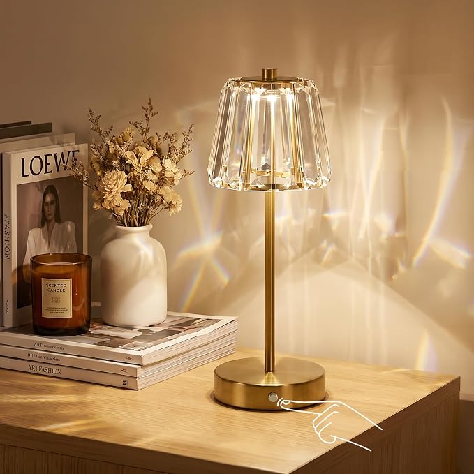 13" Small Crystal Cordless Table Lamp, Touch Rechargeable Desk Lamps | 3 Color Temps, Stepless Dimming, Gold Portable Battery Operated LED Table Lamp for Bedside, Nightstand, Kitchen, Patio, Decor - Image 2