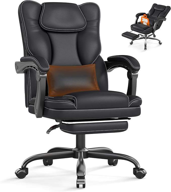 Ergonomic Office Chair with Footrest, Reclining Executive Computer Chair | 90°-155°Locking Tilt, 300lb Desk Gaming Chair with Lumbar Support, Comfy Leather PC Chair, 360° Rolling Swivel & Height Black by BoxDesignLab