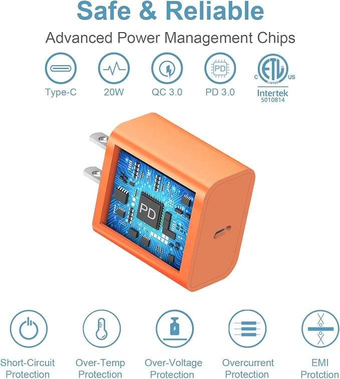 iPhone 17 16 15 Charger Fast Charging Type C Chargers USB C Charger Block | for iPhones, iPads,Tablets, Android phones,20W iPhone Charger USB-C Power Adapter,with Long 6FT USB C Charging Cables(Orange) - Image 5