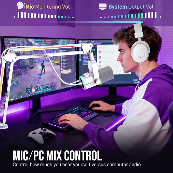 FIFINE AM8PROTW Streaming Microphone Kit for Gaming, XLR/USB Dynamic Mic | PC Microphone with RGB Boom Arm Stand, Mute Tap, 3-in-1 Volume Knob, Audio Balance, for Podcast Vocal, White - Image 5