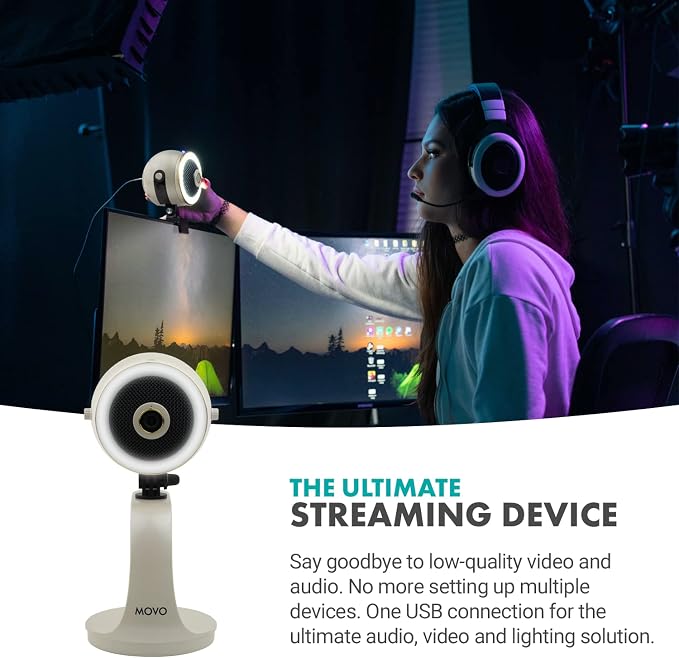 Movo WebMic HD Pro All-in-One Webcam with Mic and Ring Light in Pearl White- 1080p HD Camera, Pro Cardioid Condenser Microphone, LED Ring Light -HD Webcam For Streaming, Video Calls, Recording, Gaming - Image 2